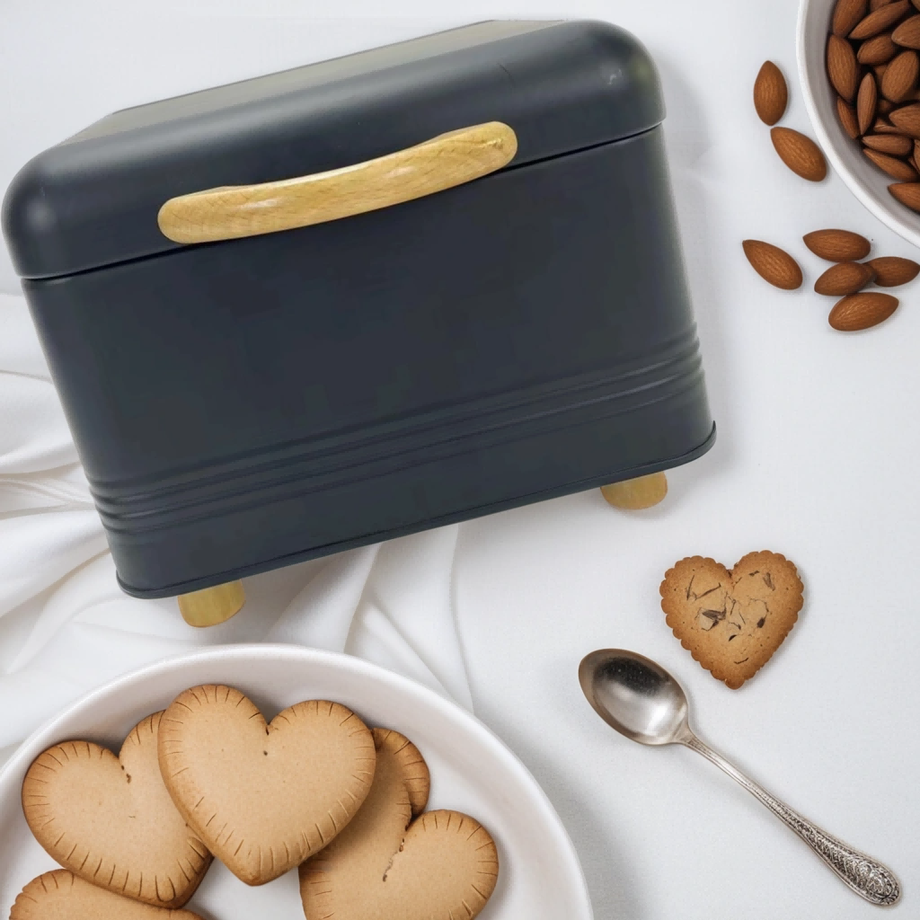 black bread box with wooden handle and foot